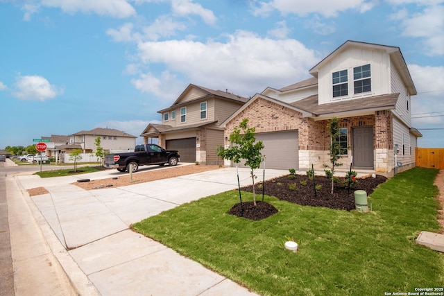 view of front of property with concrete driveway, brick siding, board and batten siding, and a front lawn