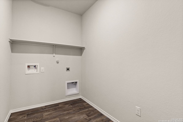 washroom featuring gas dryer hookup, hookup for a washing machine, hookup for an electric dryer, laundry area, and dark wood-style floors