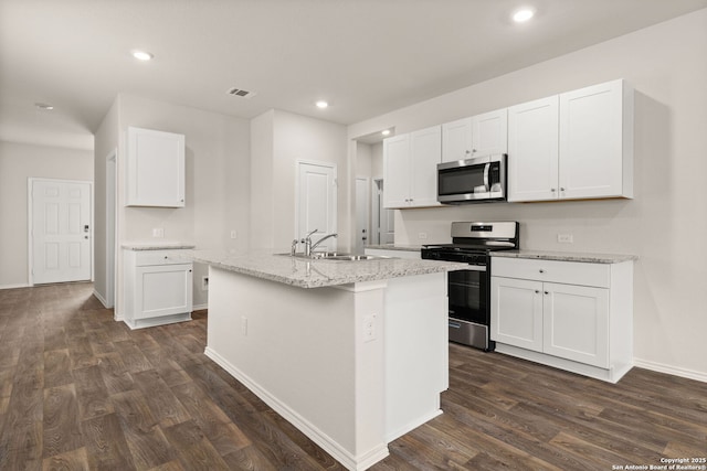 kitchen featuring stainless steel appliances, dark wood-type flooring, a sink, and recessed lighting