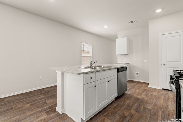 kitchen with appliances with stainless steel finishes, visible vents, a sink, and dark wood-style floors