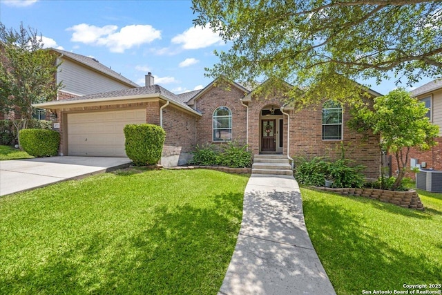 25723 Preserve Crst, San Antonio, TX 78261 - view of front facade with brick siding, a front lawn, a garage, concrete driveway, and a chimney