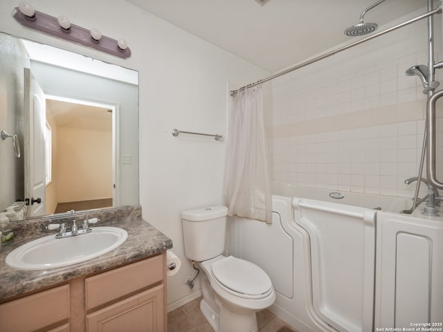 bathroom with toilet, tile patterned flooring, shower / bath combo with shower curtain, and vanity