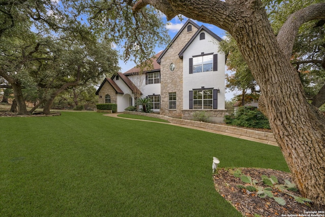 view of front of property featuring stone siding and a front yard