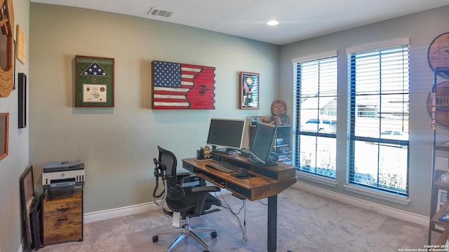 home office featuring carpet, visible vents, and baseboards