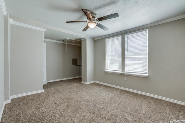 spare room with a textured ceiling, carpet floors, baseboards, attic access, and crown molding