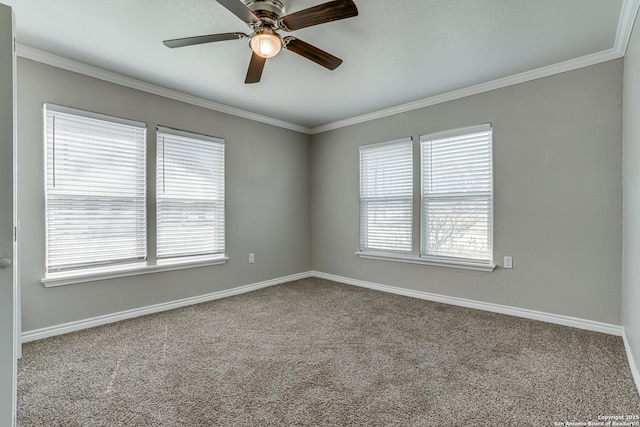 empty room with ornamental molding, carpet, and baseboards