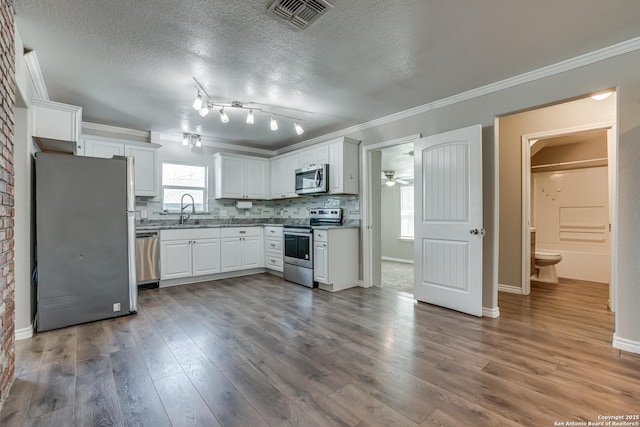 kitchen with visible vents, appliances with stainless steel finishes, white cabinetry, a sink, and wood finished floors