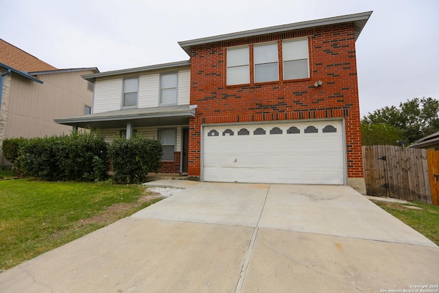 view of front of home featuring an attached garage, brick siding, fence, driveway, and a front yard