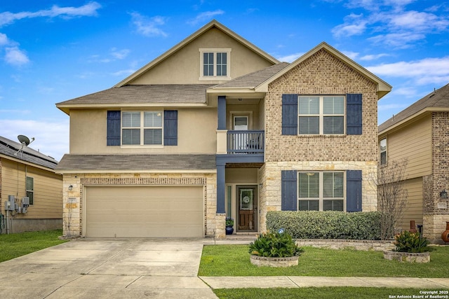 view of front of property featuring a garage, concrete driveway, a shingled roof, and stucco siding