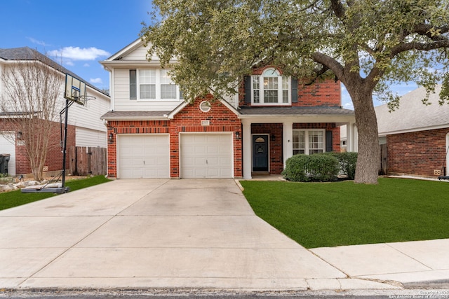 traditional-style home with brick siding, concrete driveway, fence, a garage, and a front lawn