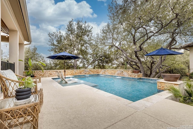 view of pool with a fenced in pool and a patio