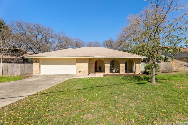 ranch-style house with a garage, fence, a front lawn, and concrete driveway