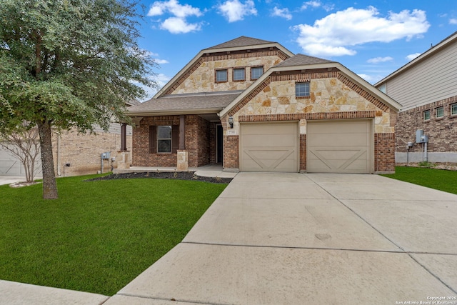 view of front of home featuring an attached garage, stone siding, a front lawn, and brick siding