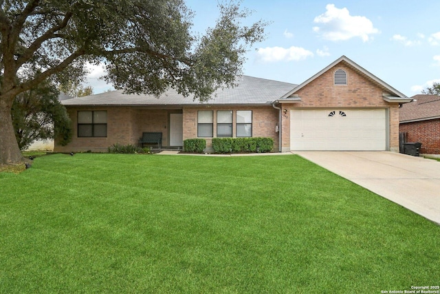 ranch-style home with brick siding, a shingled roof, an attached garage, driveway, and a front lawn