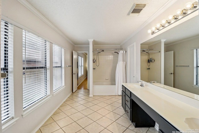 full bathroom featuring tile patterned flooring, visible vents, shower / tub combo with curtain, double vanity, and crown molding