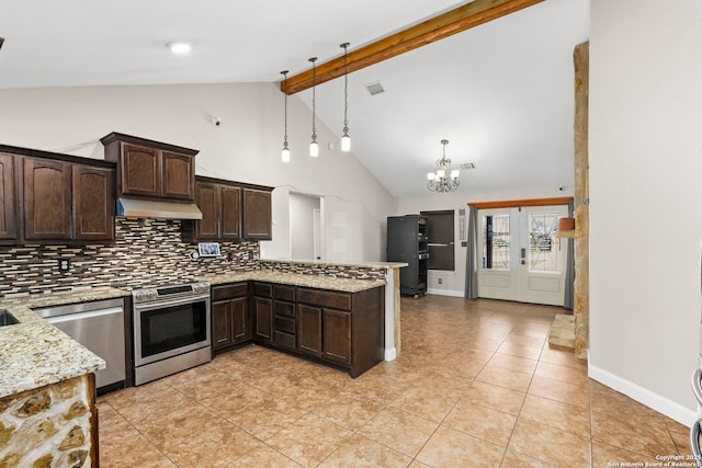 kitchen featuring under cabinet range hood, dark brown cabinetry, decorative backsplash, a peninsula, and stainless steel appliances