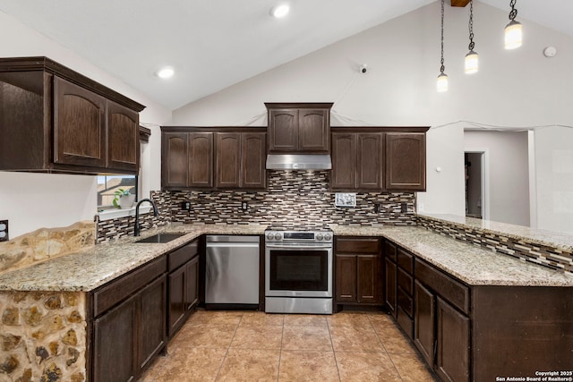 kitchen with under cabinet range hood, a sink, stainless steel appliances, a peninsula, and dark brown cabinets