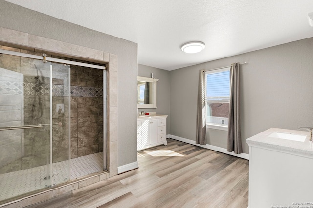 bathroom with vanity, a shower stall, and wood finished floors