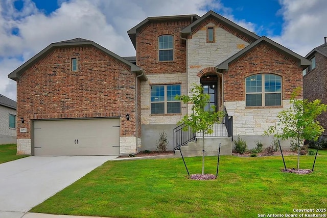 view of front facade with driveway, stone siding, a garage, and a front lawn