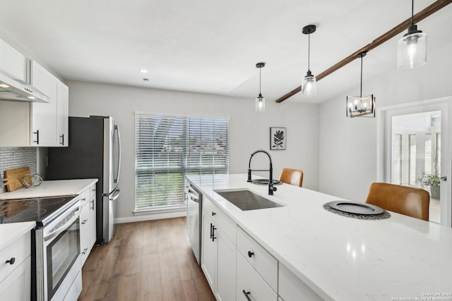 kitchen featuring tasteful backsplash, electric range oven, white cabinetry, a sink, and dishwasher