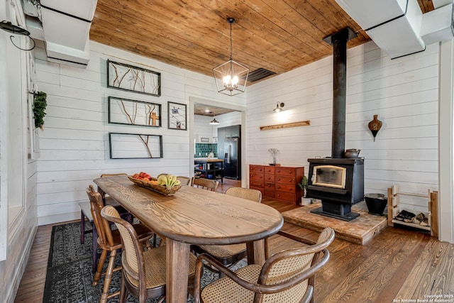 dining room with a wood stove, wooden ceiling, and wood finished floors