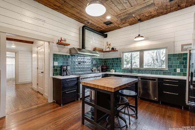 kitchen featuring dark wood finished floors, appliances with stainless steel finishes, wood ceiling, wood counters, and wall chimney exhaust hood