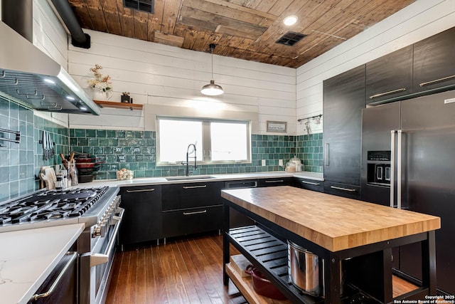 kitchen with visible vents, premium appliances, wooden ceiling, butcher block countertops, and extractor fan