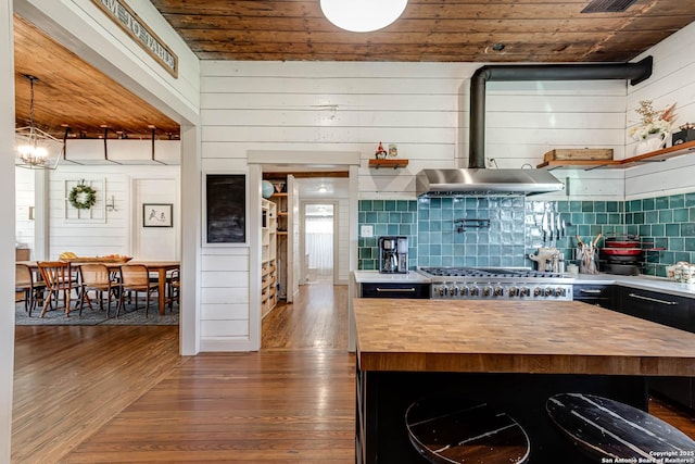 kitchen with butcher block countertops, wooden ceiling, hardwood / wood-style floors, and under cabinet range hood