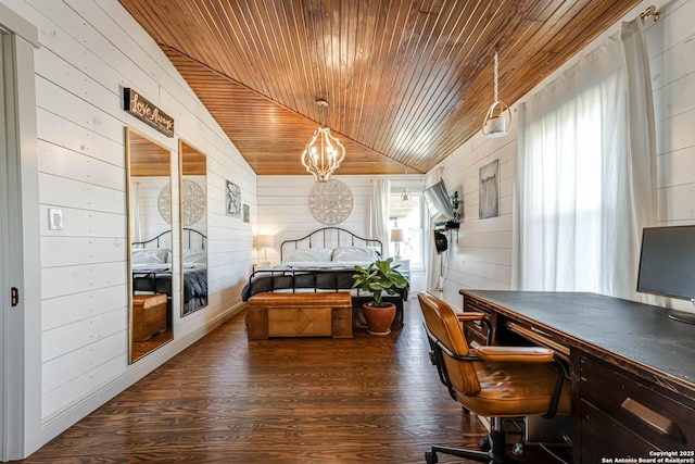 office area with wooden walls, wood ceiling, vaulted ceiling, and dark wood finished floors