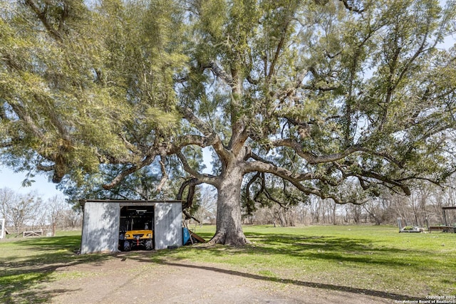 view of yard with a garage, an outbuilding, an outdoor structure, and dirt driveway