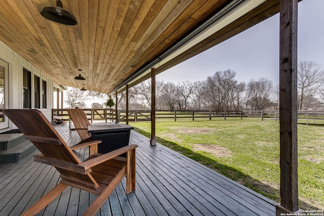 wooden deck featuring a fenced backyard, a rural view, and a yard