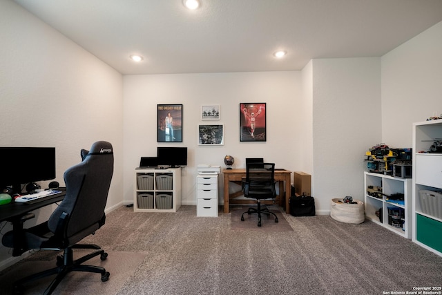 carpeted home office featuring baseboards and recessed lighting