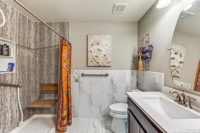 full bathroom with a shower with curtain, marble finish floor, visible vents, and toilet