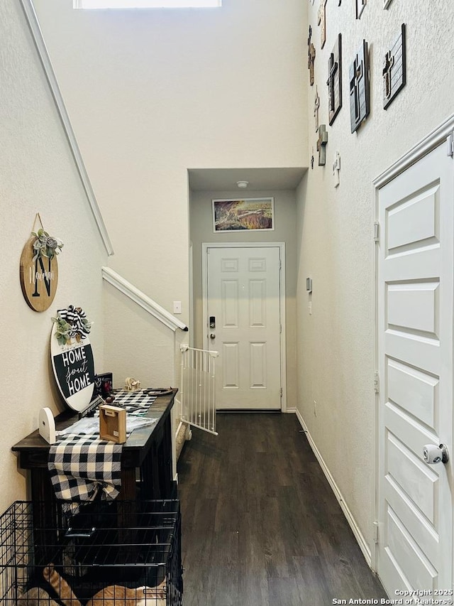 interior space featuring baseboards and dark wood-style flooring