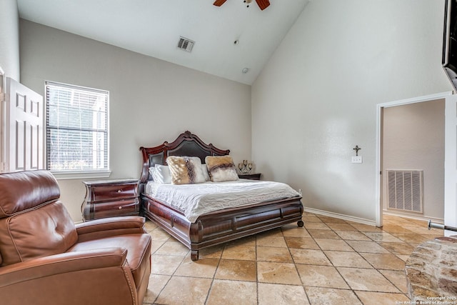 bedroom featuring high vaulted ceiling, a ceiling fan, visible vents, and baseboards