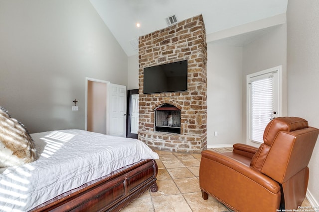 bedroom featuring high vaulted ceiling, a fireplace, visible vents, and baseboards