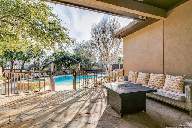 view of swimming pool with a fenced in pool, a patio, and fence