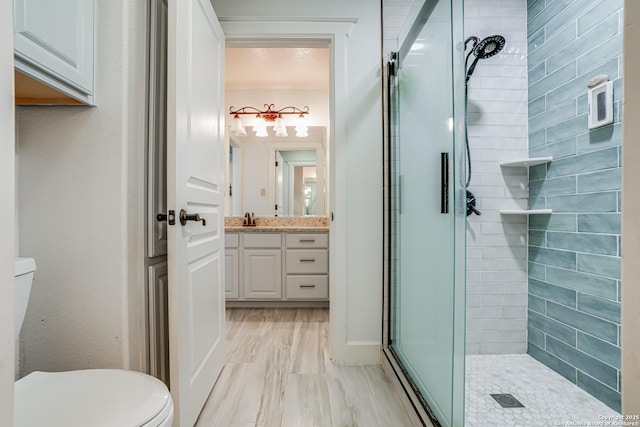 bathroom featuring vanity, a shower stall, and toilet