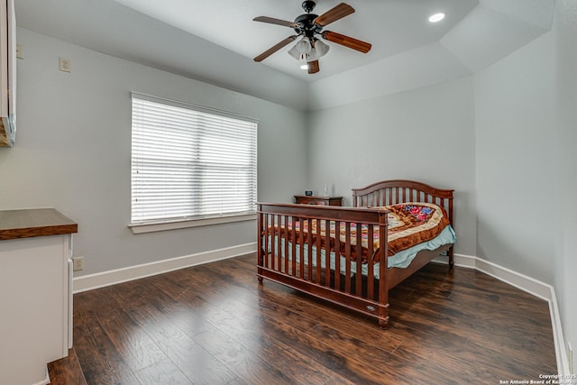 bedroom with ceiling fan, baseboards, wood finished floors, and recessed lighting