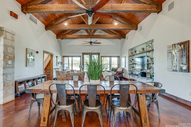 dining space featuring finished concrete flooring, ceiling fan, wood ceiling, high vaulted ceiling, and beam ceiling