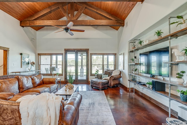 living room with finished concrete flooring, wood ceiling, high vaulted ceiling, and french doors