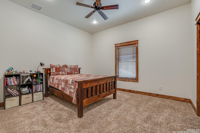 carpeted bedroom featuring visible vents, baseboards, ceiling fan, and recessed lighting