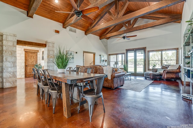 dining area featuring finished concrete flooring, wooden ceiling, visible vents, and high vaulted ceiling