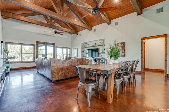 dining room featuring finished concrete flooring, high vaulted ceiling, visible vents, and baseboards