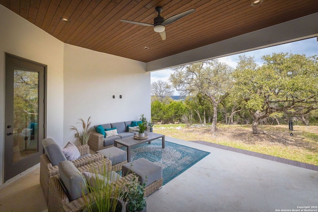 view of patio with a ceiling fan and an outdoor hangout area