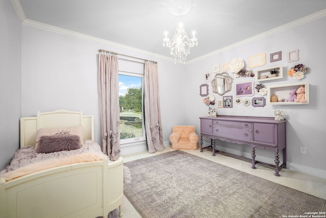 carpeted bedroom featuring baseboards, ornamental molding, and a notable chandelier