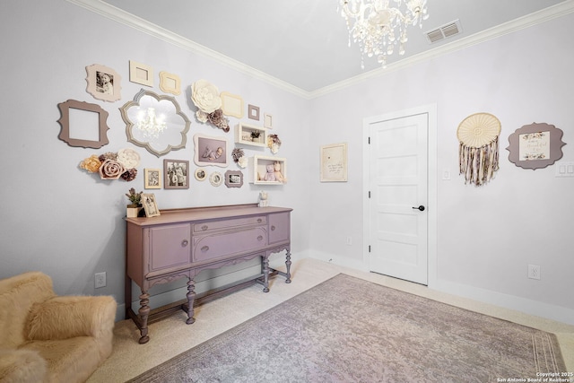 living area with ornamental molding, visible vents, light carpet, and baseboards