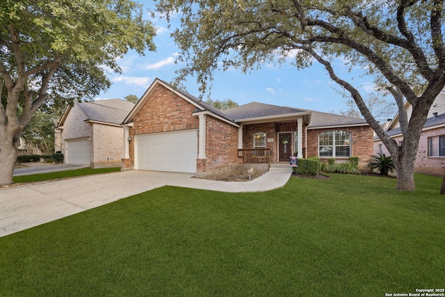 single story home with a garage, brick siding, concrete driveway, roof with shingles, and a front lawn