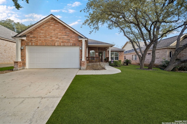 view of front of house with a garage, brick siding, driveway, roof with shingles, and a front yard