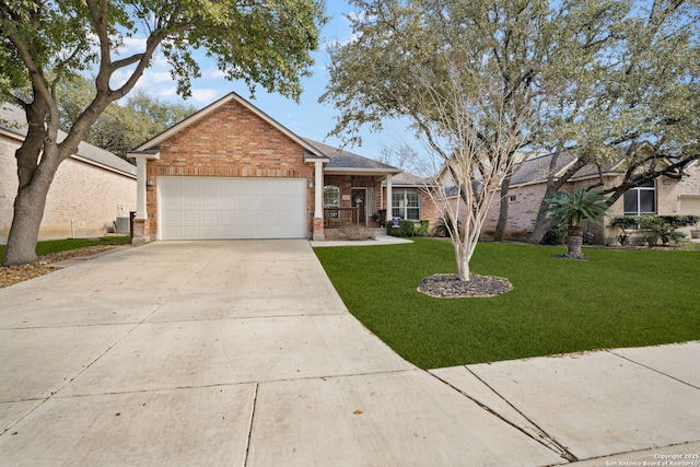 view of front of home featuring concrete driveway, an attached garage, central air condition unit, a front lawn, and brick siding